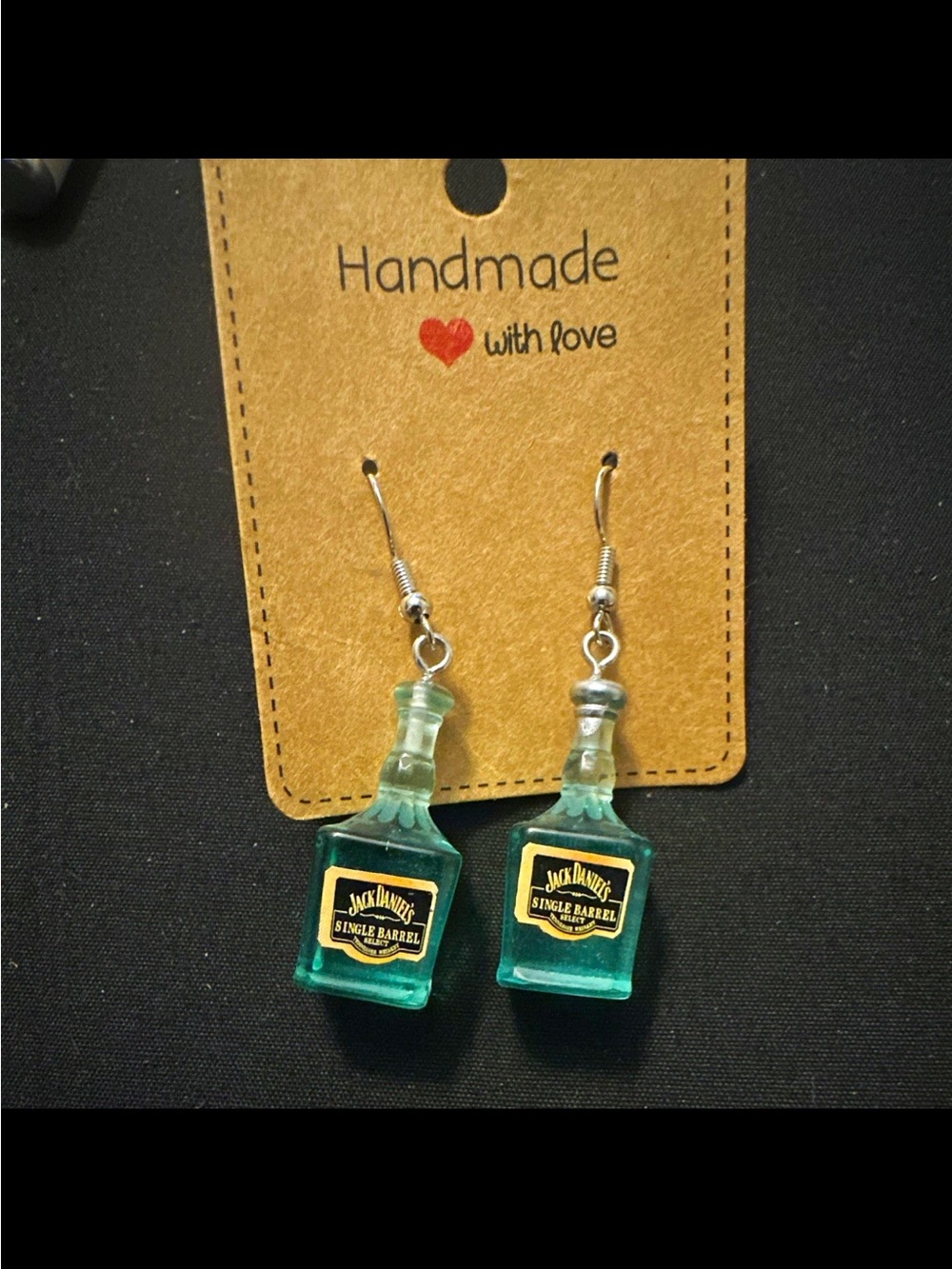 Handmade Teal Bottle Dangle Earrings - Branded Label Accent